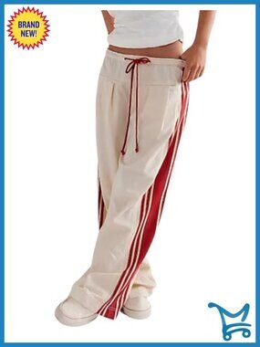 Wide Leg Palazzo Pants Drawstring High Rise Striped Slouchy with Pockets